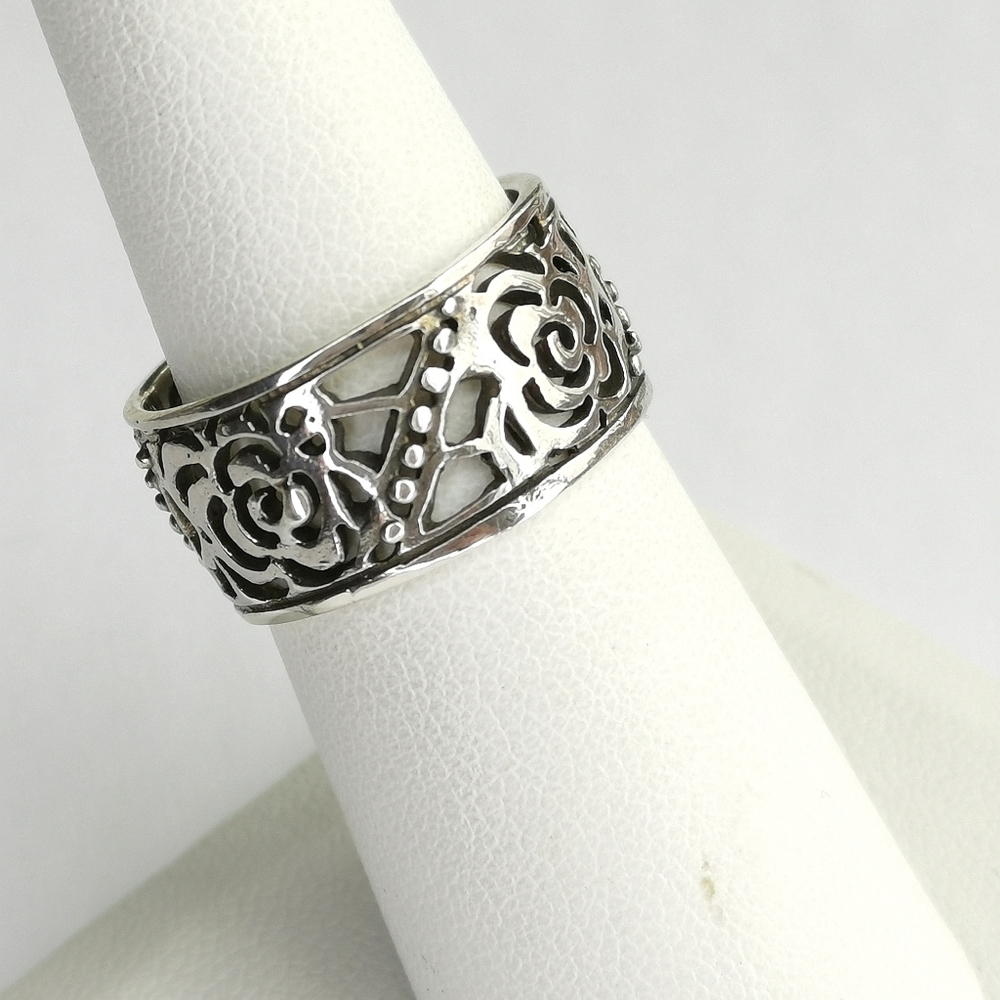 Sterling Silver filigree Tudor Rose Flower Garden band ring size 7.5 - Picture 5 of 5